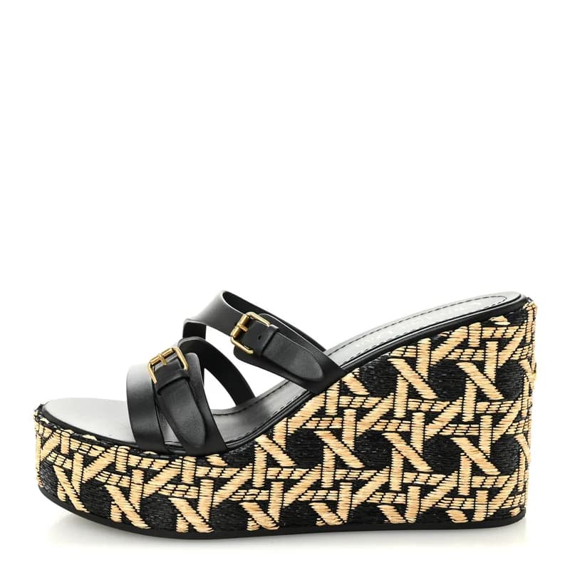 Dior — Raffia Calfskin L'Amazone Wedge Sandals 37 Black Natural — Designer Shoe — resale
