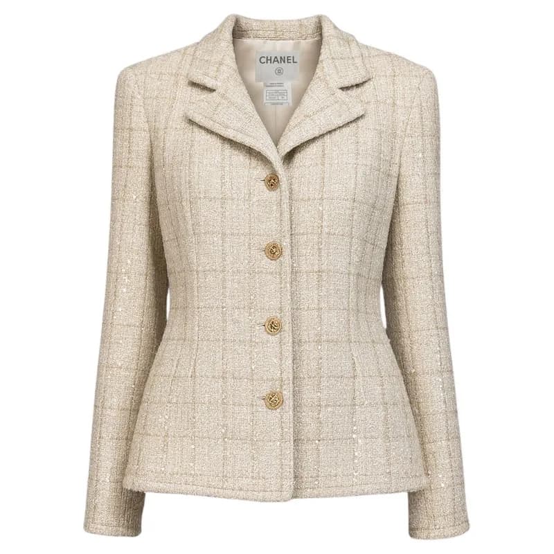 Chanel — Chanel Rare Collectible Beige Sequin Tweed Jacket — Designer Shoe — resale