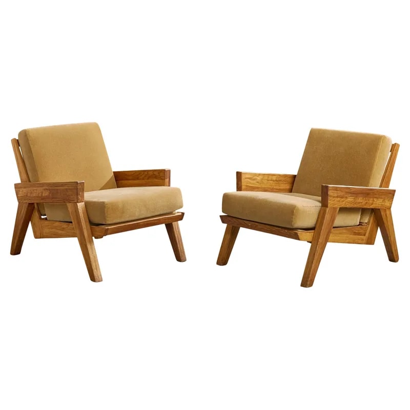 A. Brandt Ranch Oak Lounge Chairs, Mohair, Oak, USA, 1950s — Furniture — resale